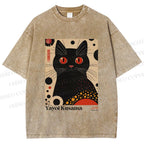 Unisex Yayoi Kusama Black Cat Printed Washed Tee