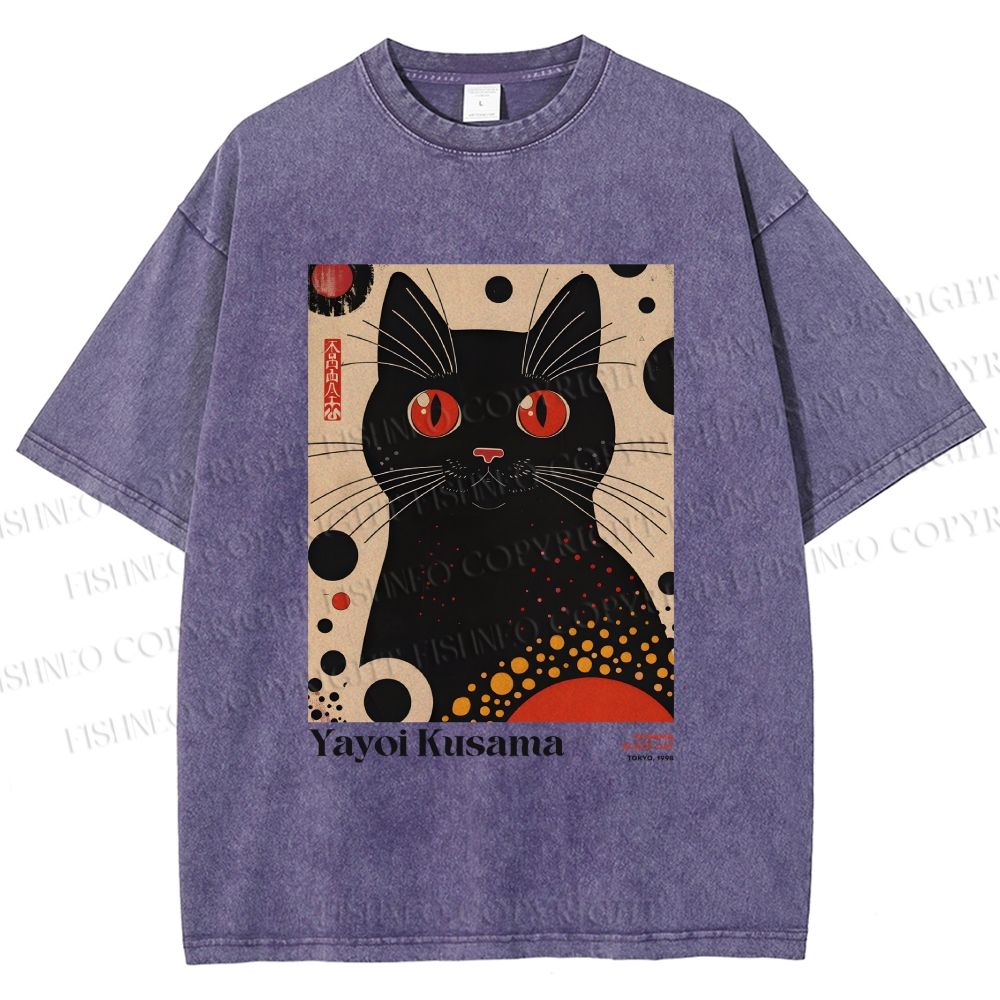 Unisex Yayoi Kusama Black Cat Printed Washed Tee