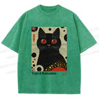 Unisex Yayoi Kusama Black Cat Printed Washed Tee