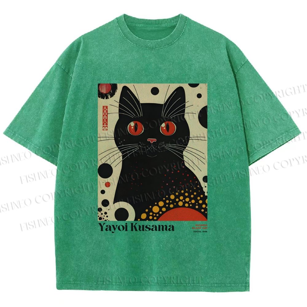 Unisex Yayoi Kusama Black Cat Printed Washed Tee