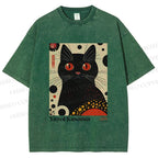 Unisex Yayoi Kusama Black Cat Printed Washed Tee