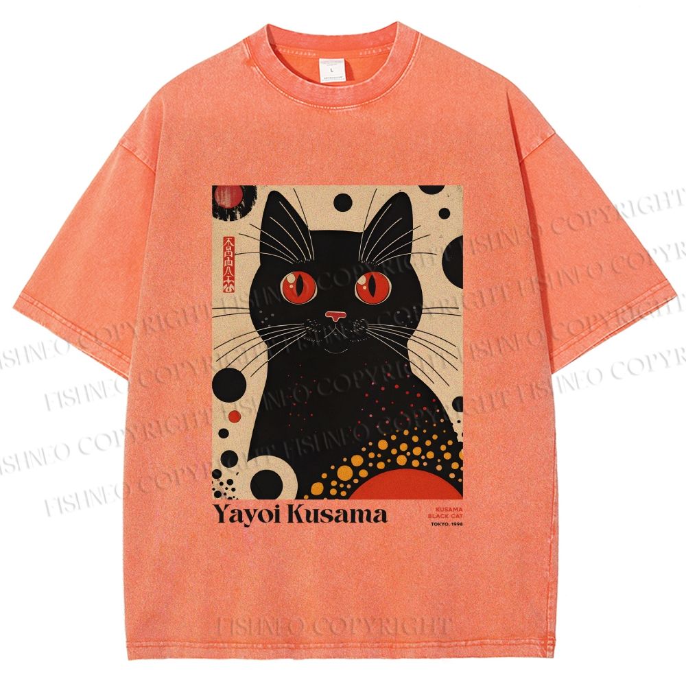 Unisex Yayoi Kusama Black Cat Printed Washed Tee