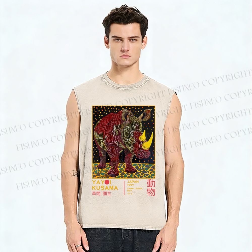 Unisex Yayoi Kusama Rhino Printed Washed Tank Top