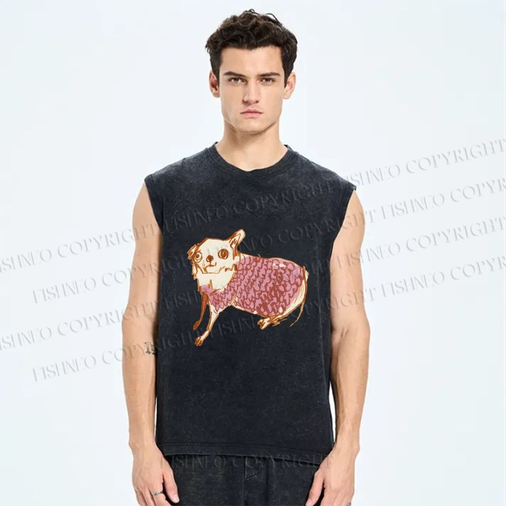 Unisex Sloppy hand-drawn Chihuahua Printed Washed Tank Top