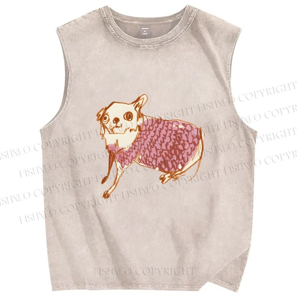 Unisex Sloppy hand-drawn Chihuahua Printed Washed Tank Top