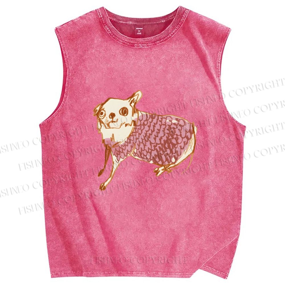Unisex Sloppy hand-drawn Chihuahua Printed Washed Tank Top