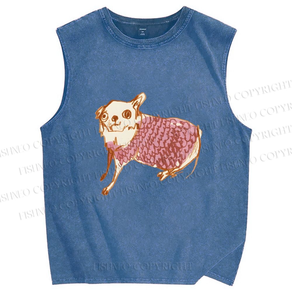 Unisex Sloppy hand-drawn Chihuahua Printed Washed Tank Top