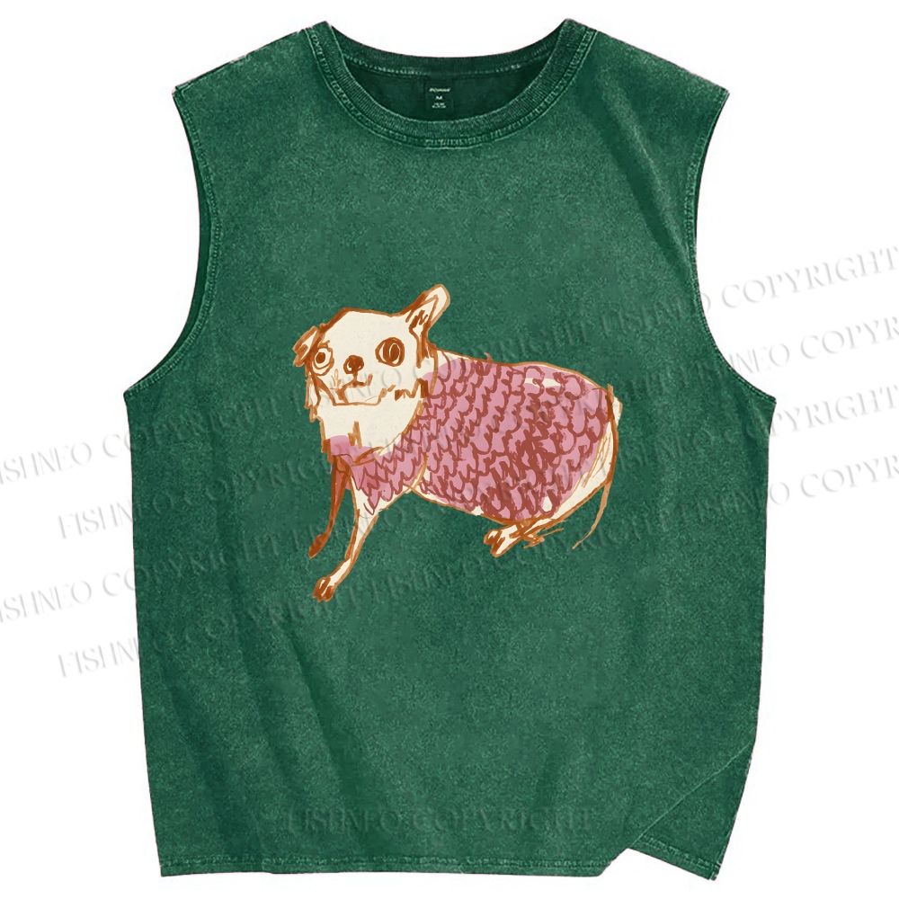 Unisex Sloppy hand-drawn Chihuahua Printed Washed Tank Top