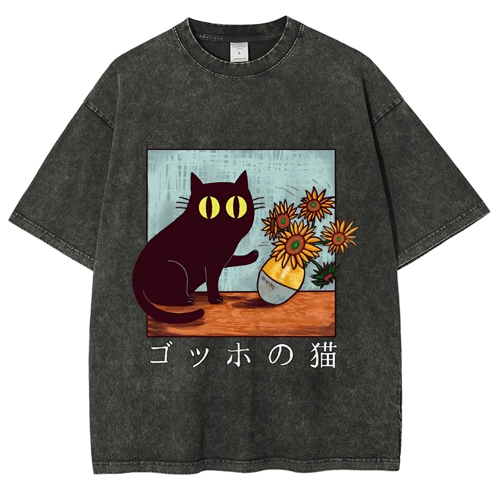 Cat Vincent Van Gogh Vintage Wash Japanese Design T-Shirt