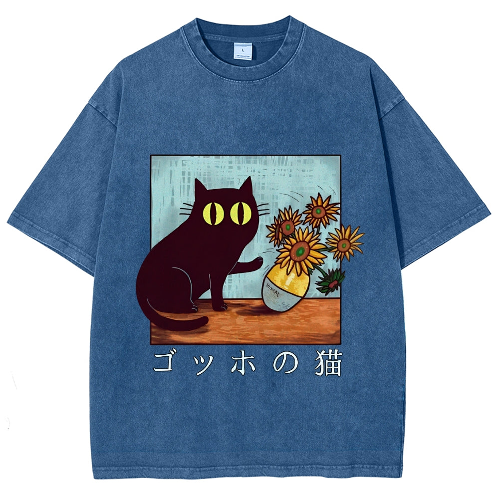 Cat Vincent Van Gogh Vintage Wash Japanese Design T-Shirt