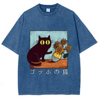 Cat Vincent Van Gogh Vintage Wash Japanese Design T-Shirt