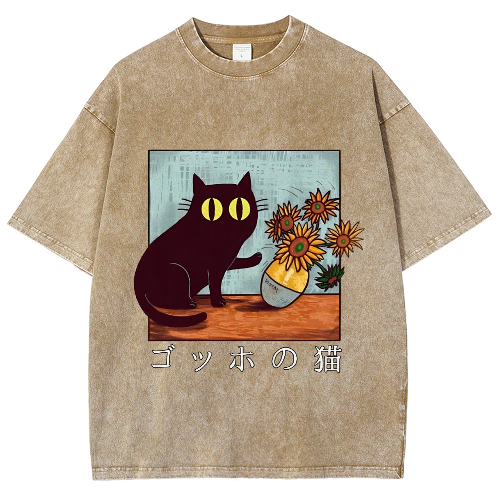 Cat Vincent Van Gogh Vintage Wash Japanese Design T-Shirt