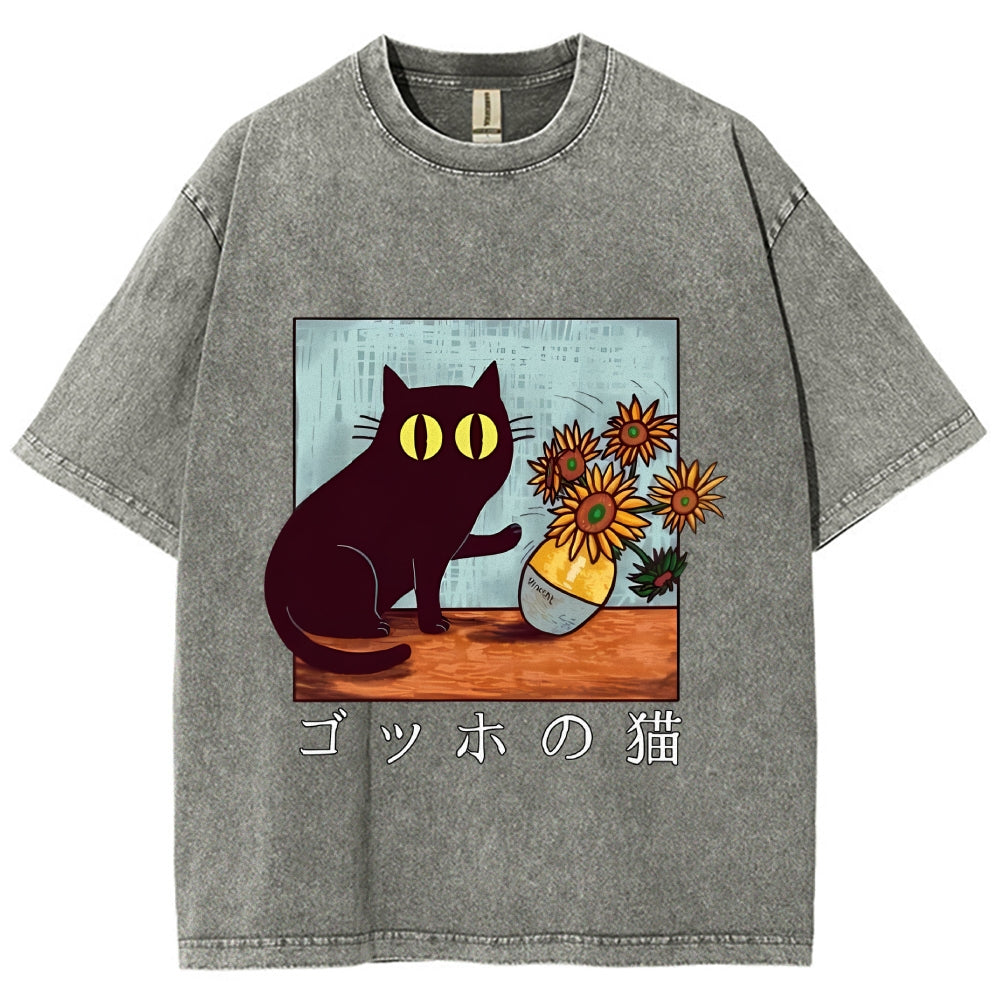 Cat Vincent Van Gogh Vintage Wash Japanese Design T-Shirt
