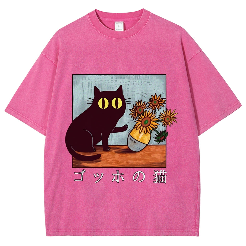 Cat Vincent Van Gogh Vintage Wash Japanese Design T-Shirt