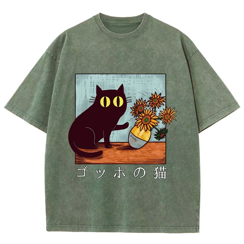 Cat Vincent Van Gogh Vintage Wash Japanese Design T-Shirt
