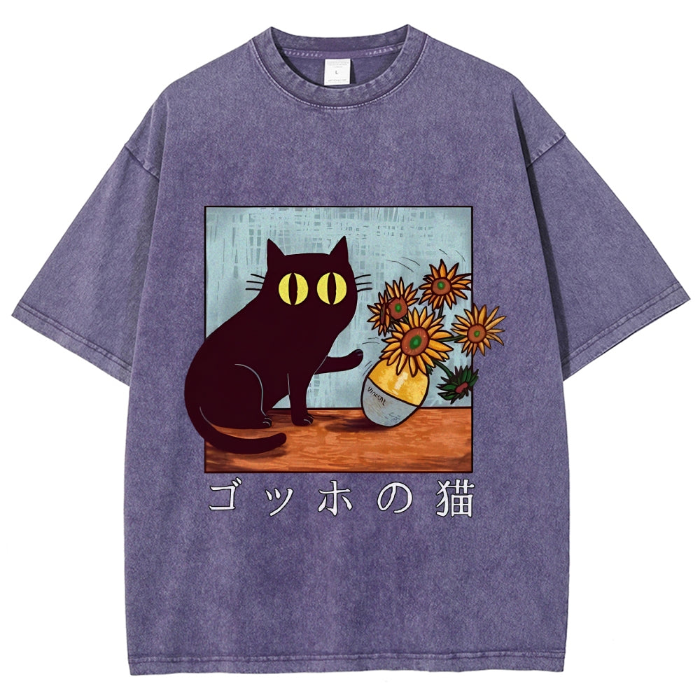 Cat Vincent Van Gogh Vintage Wash Japanese Design T-Shirt