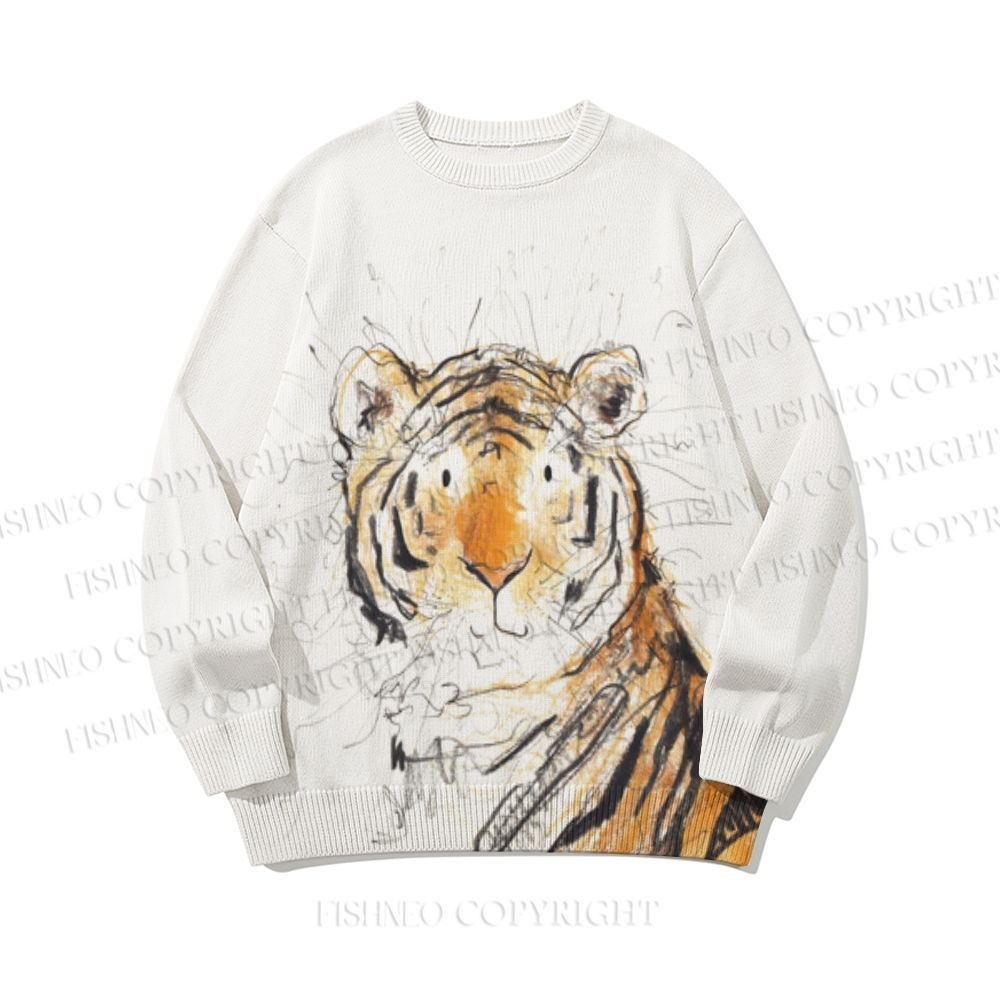 Fuzzy Tiger Sketch Core-spun yarn long-sleeve sweater
