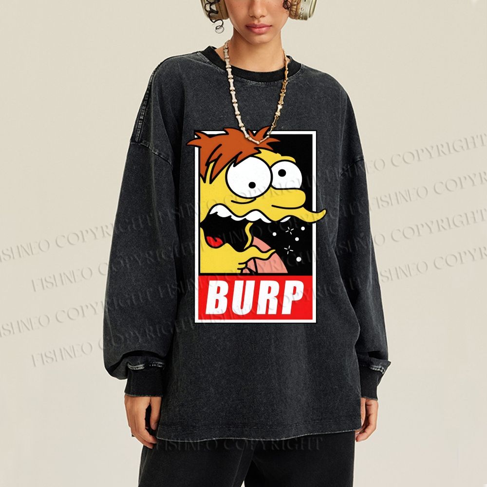 Unisex The Simpsons Barney Gumble BURP Casual Washed Printed Long Sleeve T-shirt