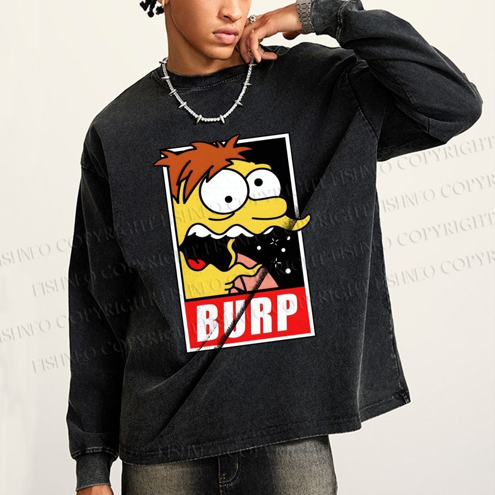 Unisex The Simpsons Barney Gumble BURP Casual Washed Printed Long Sleeve T-shirt