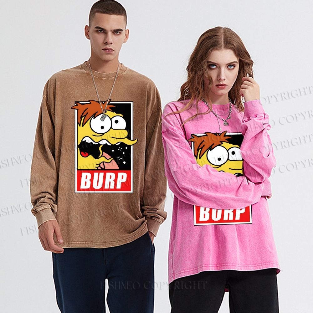 Unisex The Simpsons Barney Gumble BURP Casual Washed Printed Long Sleeve T-shirt
