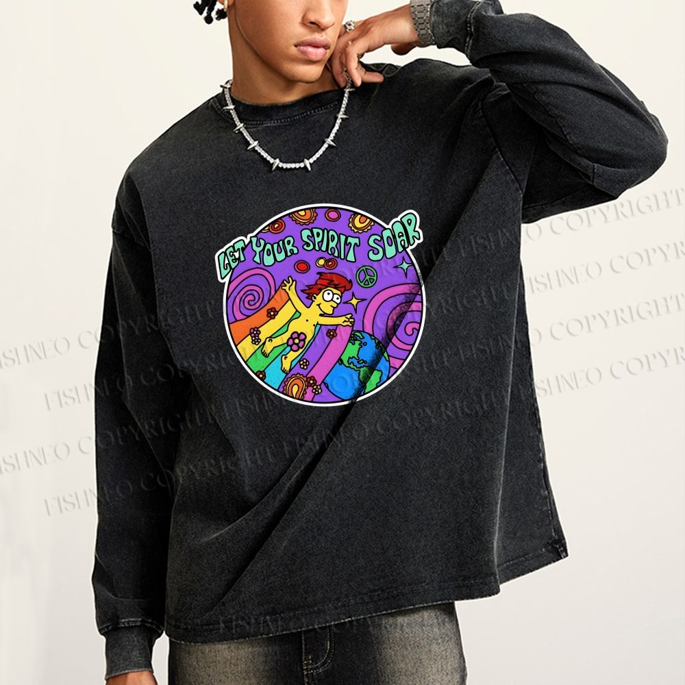 Unisex The Simpsons Homer Simpson Let Your Spirit Soar Casual Washed Printed Long Sleeve T-shirt
