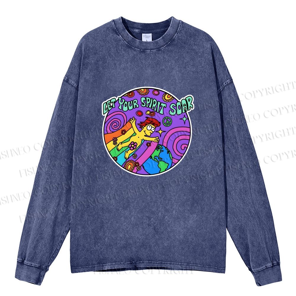 Unisex The Simpsons Homer Simpson Let Your Spirit Soar Casual Washed Printed Long Sleeve T-shirt