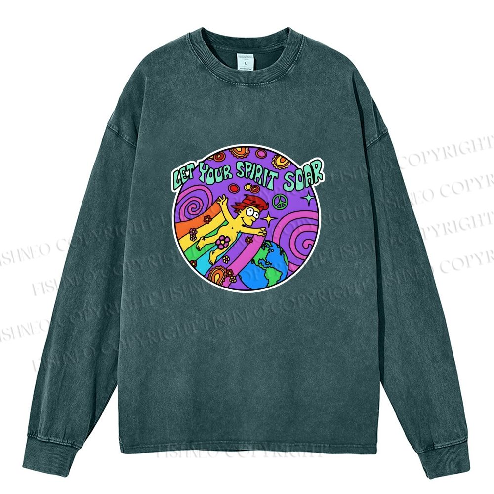 Unisex The Simpsons Homer Simpson Let Your Spirit Soar Casual Washed Printed Long Sleeve T-shirt