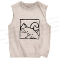 Unisex Cat in Box Sketch Printed Washed Tank Top