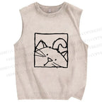 Unisex Cat in Box Sketch Printed Washed Tank Top