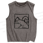 Unisex Cat in Box Sketch Printed Washed Tank Top