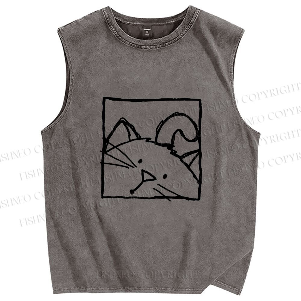 Unisex Cat in Box Sketch Printed Washed Tank Top