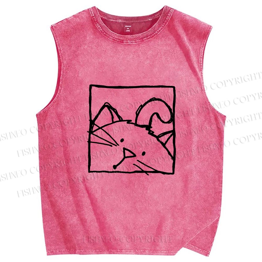 Unisex Cat in Box Sketch Printed Washed Tank Top