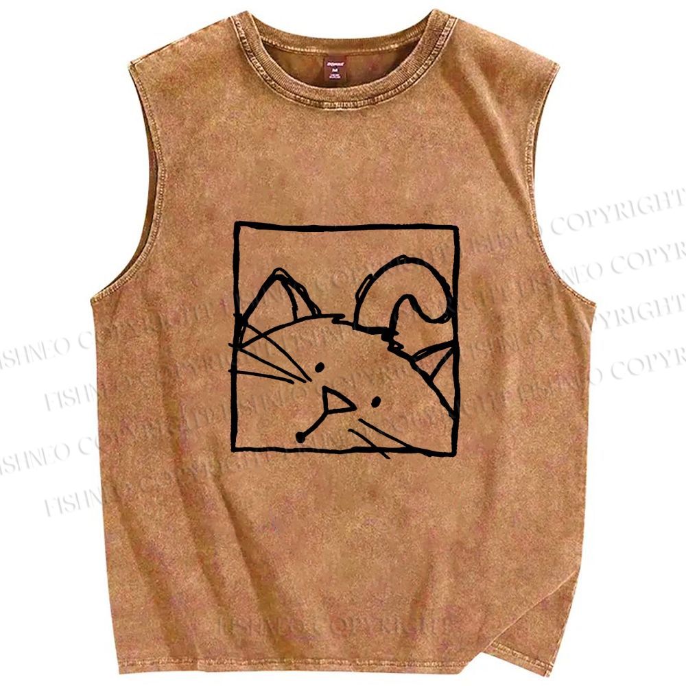 Unisex Cat in Box Sketch Printed Washed Tank Top