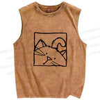 Unisex Cat in Box Sketch Printed Washed Tank Top