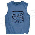 Unisex Cat in Box Sketch Printed Washed Tank Top