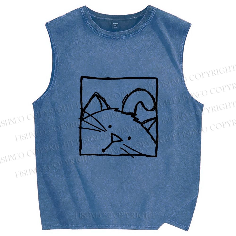 Unisex Cat in Box Sketch Printed Washed Tank Top
