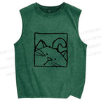 Unisex Cat in Box Sketch Printed Washed Tank Top