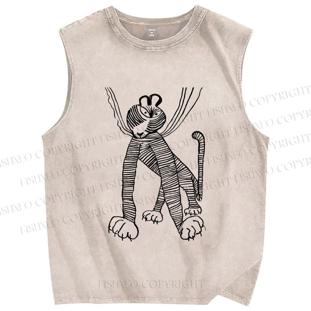 Unisex Funny Line Tiger Hang in There Printed Washed Tank Top