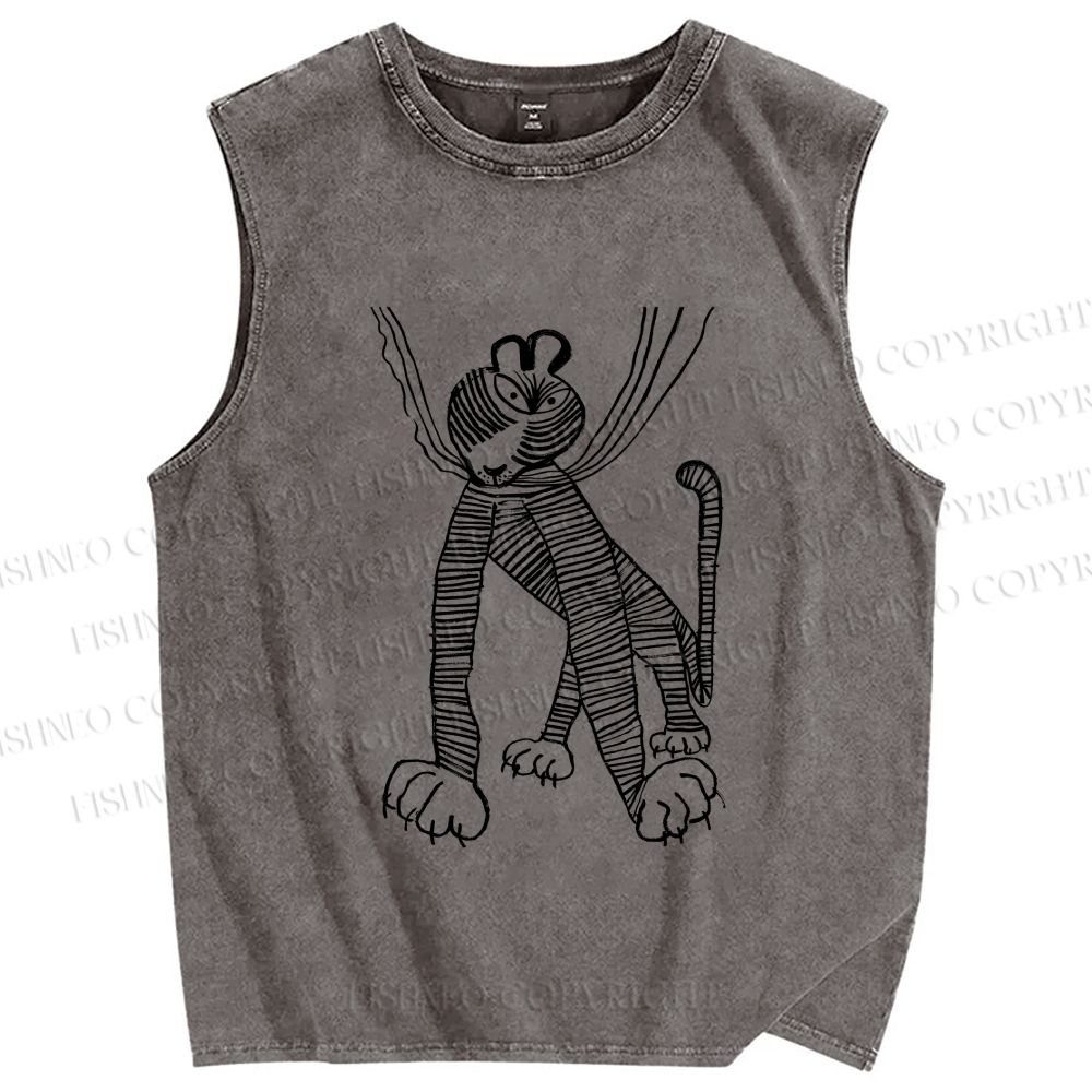 Unisex Funny Line Tiger Hang in There Printed Washed Tank Top