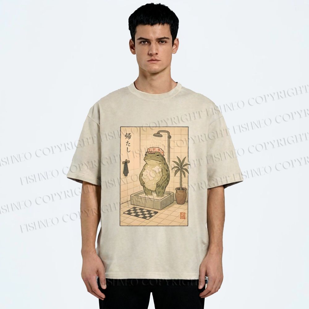 Unisex Frog In Shower With Bath Cap Printed Washed Tee