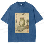 Unisex Frog In Shower With Bath Cap Printed Washed Tee