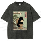 Unisex Cat On Toilet Reading Scroll Printed Washed Tee