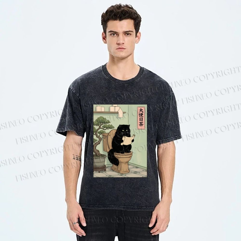 Unisex Cat On Toilet Reading Scroll Printed Washed Tee