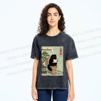 Unisex Cat On Toilet Reading Scroll Printed Washed Tee