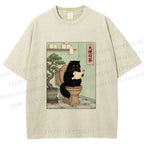 Unisex Cat On Toilet Reading Scroll Printed Washed Tee