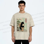 Unisex Cat On Toilet Reading Scroll Printed Washed Tee