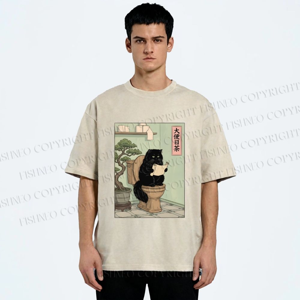 Unisex Cat On Toilet Reading Scroll Printed Washed Tee
