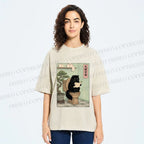 Unisex Cat On Toilet Reading Scroll Printed Washed Tee