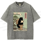 Unisex Cat On Toilet Reading Scroll Printed Washed Tee