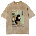 Unisex Cat On Toilet Reading Scroll Printed Washed Tee